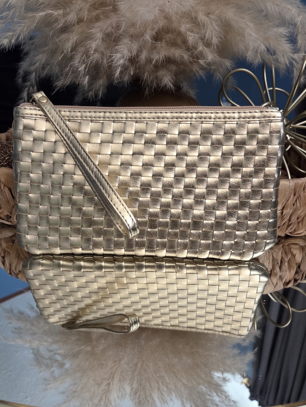 Saks Fifth Avenue Metallic Woven Wristlet Clutch Gold Pouch